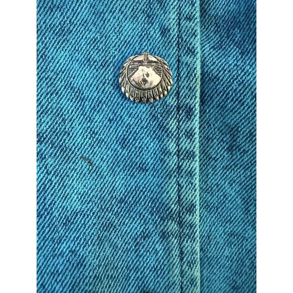 Vintage 90s Aztec Jacket Womens LG Denim Western Fringed Dreamcatcher Poncho - Picture 2 of 7